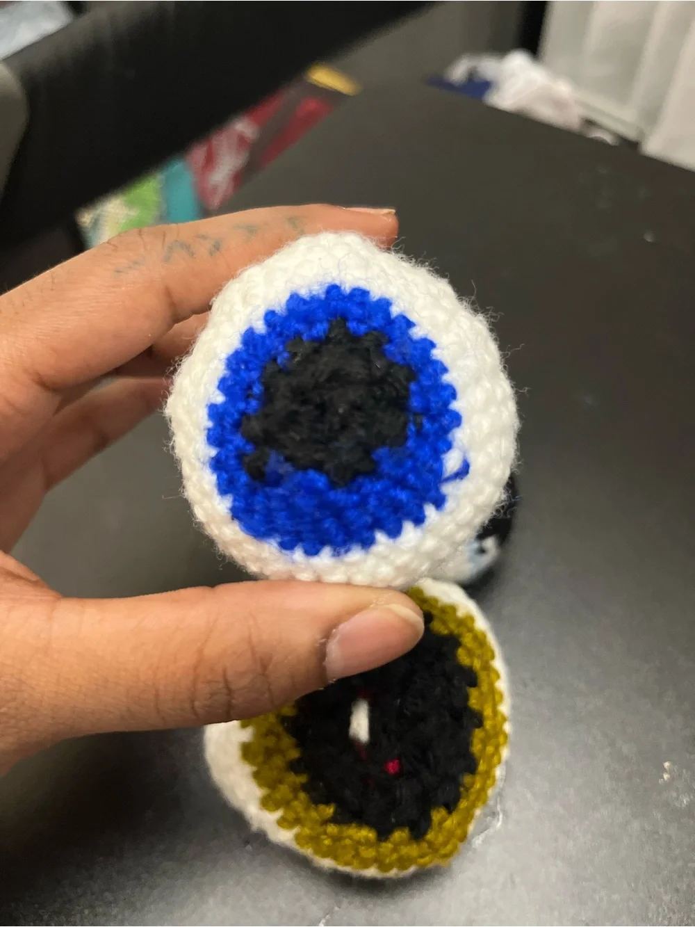 Crocheted White Eyeball Key Chain Charm with Blue Iris - Kids Accessory